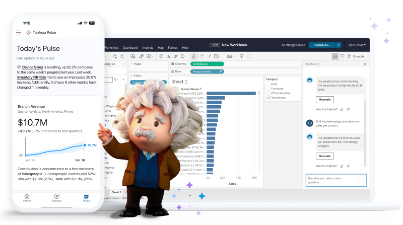 screenshot of Einstein character presenting Pulse on mobile and desktop