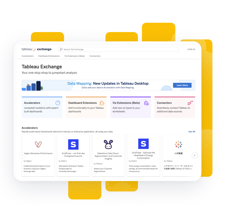 Tableau Exchange screenshot with yellow viz art background